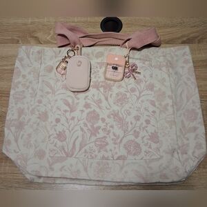 Barnes & Noble Pink Floral Tote Bag with Keychain Charms